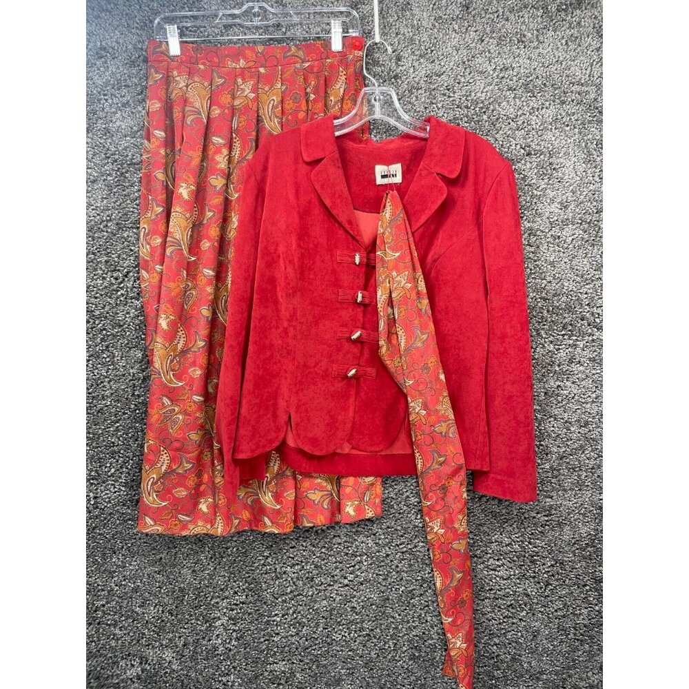 Leslie Fay Vintage Skirt Suit w/ Matching Scarf Womens Red Buttons Front